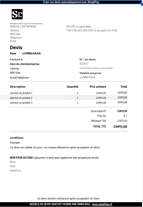 Modèle de devis Suisse SimpliFaq