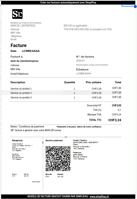 Modèle de facture Suisse SimpliFaq